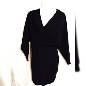 Black Dolman Batwing Sleeve V Neck Bodycon Wrap  Ribbed Mini Sweater Dress M